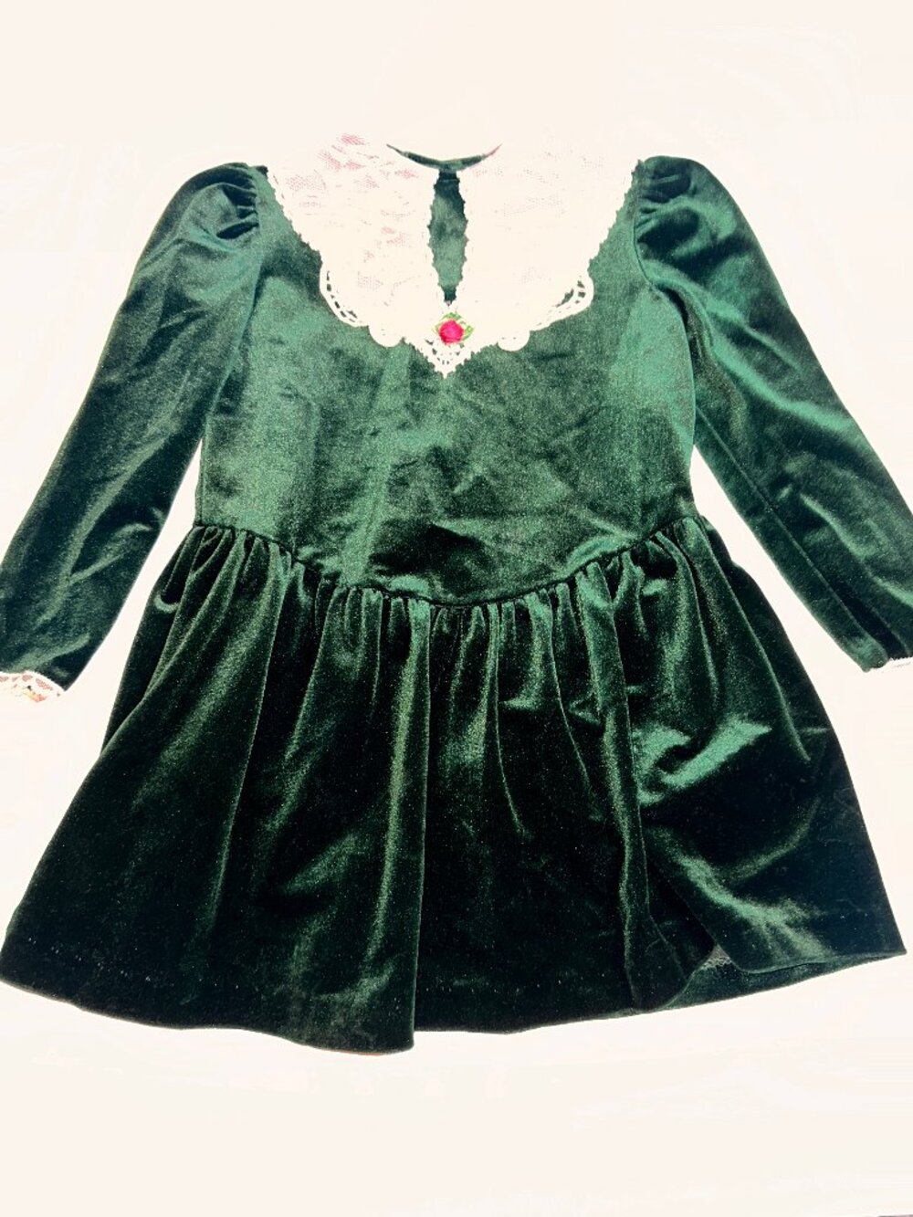 VTG Pretty as a Picture Girls Size 6 Green Velvet Cream Lace Dress LS 689